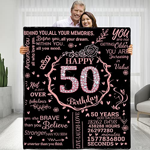 50th Birthday Blanket Gifts for Women - Happy 50th Birthday Gift Ideas for Her - 50 Year Old Gifts for Mom Grandma Wife - Personalized Flannel Fleece Soft Throw Blanket