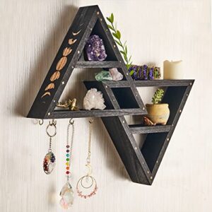 sysnocon triangle crystal shelf display with hooks, moon shelf for witchy room decor triangle shelf for crystal stones display, crystal holder crystal organizer shelf for living room, bed room
