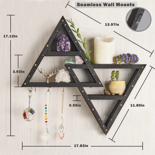 Sysnocon Triangle Crystal Shelf Display with Hooks, Moon Shelf for Witchy Room Decor Triangle Shelf for Crystal Stones Display, Crystal Holder Crystal Organizer Shelf for Living Room, Bed Room
