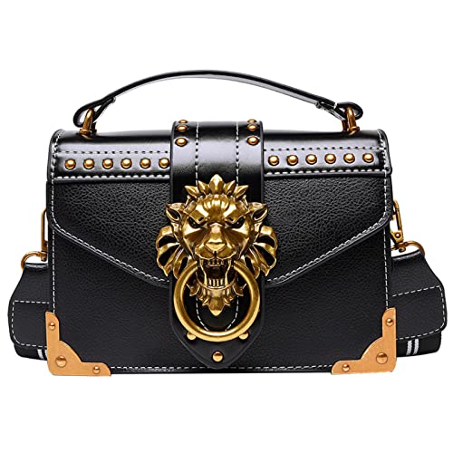 Handbags Girls Crossbody Bags Tote Woman Metal Lion Head Shoulder Purse Mini Square Messenger Bag (20cm x 15cm x 6cm,Black)