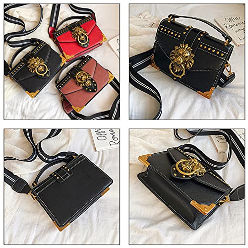 Handbags Girls Crossbody Bags Tote Woman Metal Lion Head Shoulder Purse Mini Square Messenger Bag (20cm x 15cm x 6cm,Black)