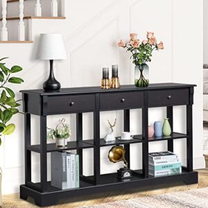 karl home console table with 3 drawers, entryway desk sofa side table with 6 bottom cube storage shelves, vintage tv stand for hallway living room office, black 32.5″ h