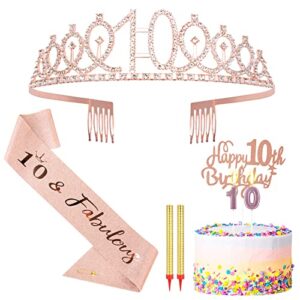 10th birthday decorations gifts for girls, 10th birthday crown/tiara and 10 birthday sash, cake toppers birthday candle, rose gold 10 birthday decorations party accessories for her