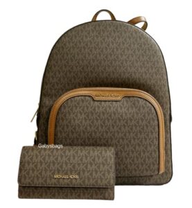 michael kors jaycee large backpack school bag bundled with michael kors jet set travel large trifold wallet mk signature (brown mk)