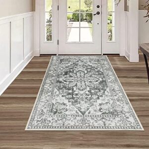 Bsmathom Persian Area Rug 3x5, Non-Slip Throw Small Entryway Rug Kitchen Mat, Low-Pile Non-Shedding Oriental Area Rug for Living Room Bedroom Office (Grey, 3x5Ft)