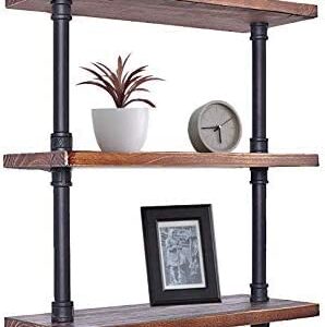 BOKKOLIK Vintage 3-Tier Pipe Shelves Farmhouse Floating Shelves 24inch Width Industrial Storage Wooden Shelves for Kitchen Office Coffee House Warming Gift