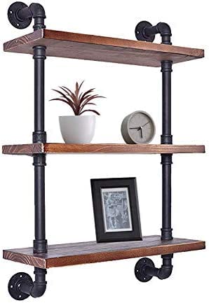 BOKKOLIK Vintage 3-Tier Pipe Shelves Farmhouse Floating Shelves 24inch Width Industrial Storage Wooden Shelves for Kitchen Office Coffee House Warming Gift