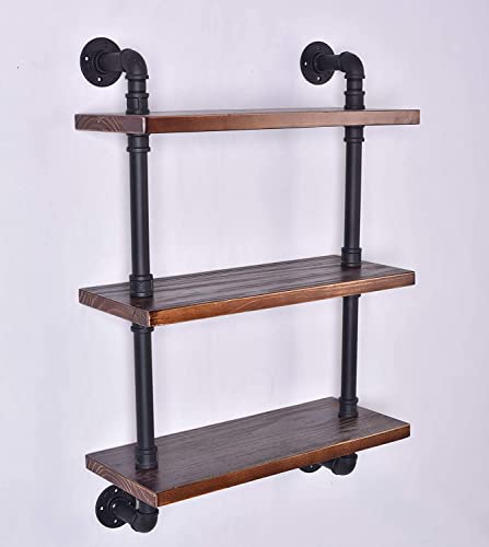 BOKKOLIK Vintage 3-Tier Pipe Shelves Farmhouse Floating Shelves 24inch Width Industrial Storage Wooden Shelves for Kitchen Office Coffee House Warming Gift