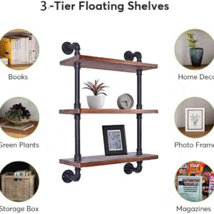 BOKKOLIK Vintage 3-Tier Pipe Shelves Farmhouse Floating Shelves 24inch Width Industrial Storage Wooden Shelves for Kitchen Office Coffee House Warming Gift