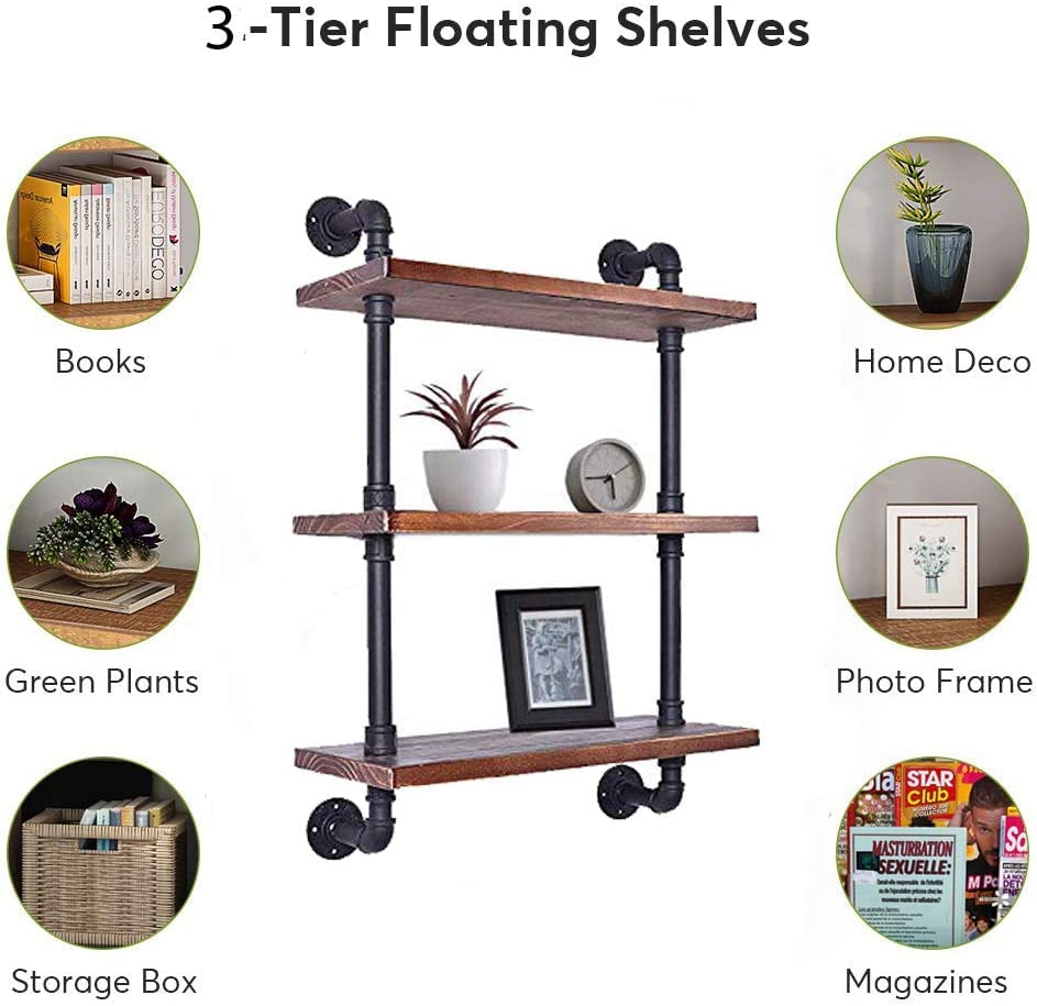 BOKKOLIK Vintage 3-Tier Pipe Shelves Farmhouse Floating Shelves 24inch Width Industrial Storage Wooden Shelves for Kitchen Office Coffee House Warming Gift