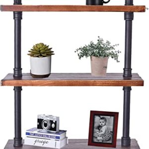 BOKKOLIK Vintage 3-Tier Pipe Shelves Farmhouse Floating Shelves 24inch Width Industrial Storage Wooden Shelves for Kitchen Office Coffee House Warming Gift