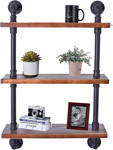 BOKKOLIK Vintage 3-Tier Pipe Shelves Farmhouse Floating Shelves 24inch Width Industrial Storage Wooden Shelves for Kitchen Office Coffee House Warming Gift