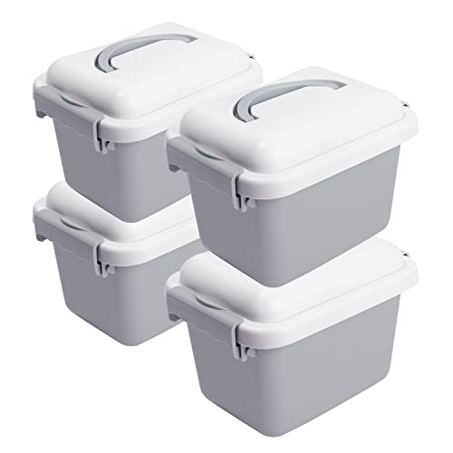 OMNISAFE 3.5Qt Lidded Home Plastic Storage Box/Bins, Tote Stackable Container with Secure Latching Buckles and Gray Durable Lid (4-Pack, Grey)