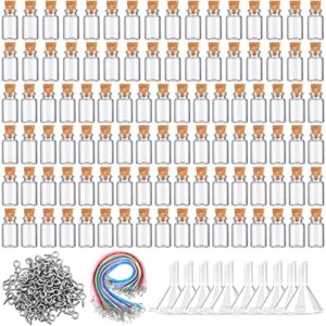 mimorou 100 pcs mini glass bottles with cork stoppers 2 ml clear small jars 0.07oz vials sets diy decorative wish potion bottles, including eye screws ropes 10 funnels