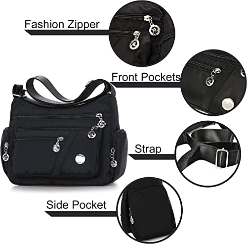 Gladdon Nylon Small Crossbody Bags for Women Multiple Pockets Shoulder Purses Ladies Satchel Purse with Adjustable Strap Black