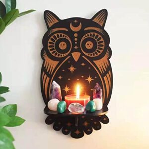halloween decoration hand floral sun and moon altar shelf with-pendulum and necklace stand wooden creative crystal wall shelf (owl)