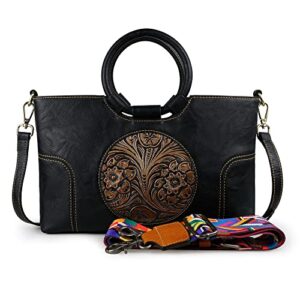 purse and handbags for women shoulder bags top handle medium satchel vintage embossing crossbody bag (black)