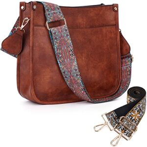 hkcluf crossbody bags for women designer vegan leather hobo handbags with 2 adjustable boho embroidery guitar strap crossbody bucket purse(dark brown)
