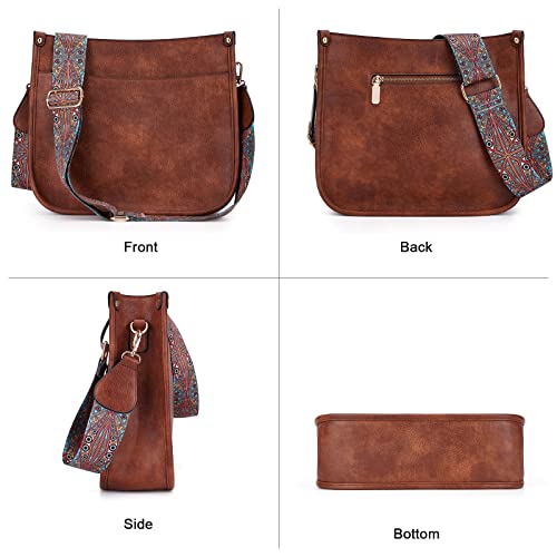 HKCLUF Crossbody Bags for Women Designer Vegan Leather Hobo Handbags With 2 Adjustable Boho Embroidery Guitar Strap Crossbody Bucket Purse(Dark Brown)