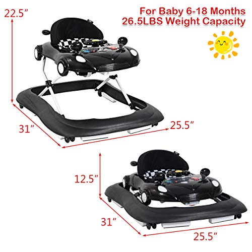 HONEY JOY Baby Walker, Foldable Seated Walker with Wheels, Adjustable Height, Steering Wheel w/Horn, Music & Lights, Removable Food Tray, Padded Seat, Car Walker for Baby Boy Girl Age 6 Months+