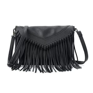 oweisong fringe purse for women pu leather vintage black tassel handbags hobo cross body bag messenger shoulder satchel