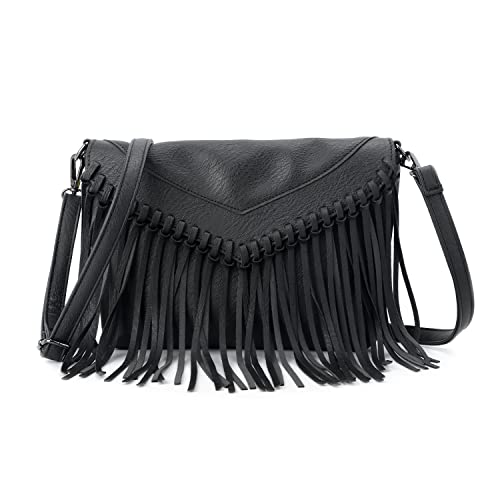 Oweisong Fringe Purse for Women PU Leather Vintage Black Tassel Handbags Hobo Cross Body Bag Messenger Shoulder Satchel