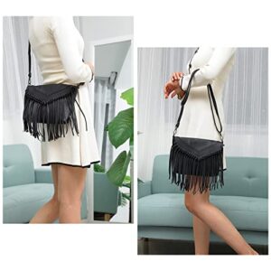 Oweisong Fringe Purse for Women PU Leather Vintage Black Tassel Handbags Hobo Cross Body Bag Messenger Shoulder Satchel