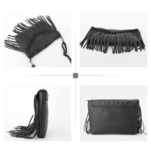 Oweisong Fringe Purse for Women PU Leather Vintage Black Tassel Handbags Hobo Cross Body Bag Messenger Shoulder Satchel