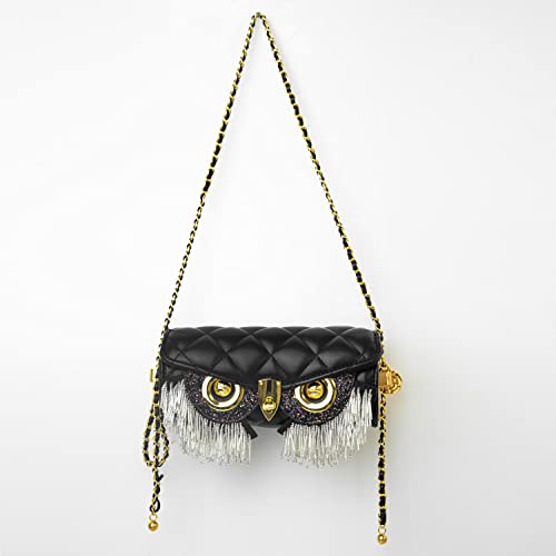 HEYCUE Women's Owl Purse Artificial Rhinestone Evening Clutch Purse Tassel Wedding Party Hand Bags Crossbody Bag With Adjustable Chain