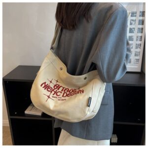 Aesthetic Canvas Embroidery Shoulder Bag Crossbody Bag, Boho Y2k Tote Bag, Women Girls Harajuku Retro Grunge Handbag (White)