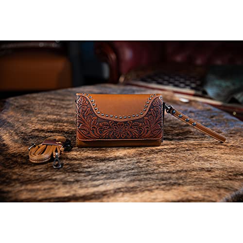 Montana West American Bling Tooling Collection Wallet Western Crossbody Bag Wristlet Purse for Women with Phone Pocket Brown MBB-FIO-006BR