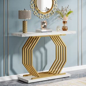 tribesigns gold console table, faux marble entryway table narrow sofa table with geometric metal base, 40 inch modern accent table entrance table for living room, hallway, foyer, white and gold