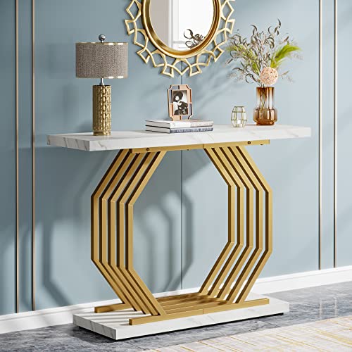 Tribesigns Gold Console Table, Faux Marble Entryway Table Narrow Sofa Table with Geometric Metal Base, 40 Inch Modern Accent Table Entrance Table for Living Room, Hallway, Foyer, White and Gold