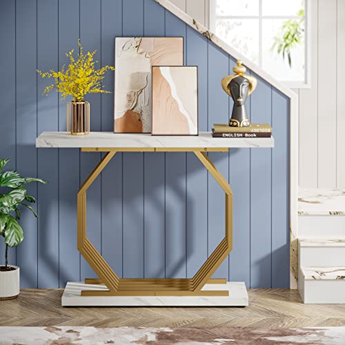 Tribesigns Gold Console Table, Faux Marble Entryway Table Narrow Sofa Table with Geometric Metal Base, 40 Inch Modern Accent Table Entrance Table for Living Room, Hallway, Foyer, White and Gold