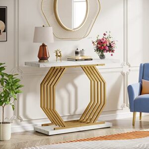 Tribesigns Gold Console Table, Faux Marble Entryway Table Narrow Sofa Table with Geometric Metal Base, 40 Inch Modern Accent Table Entrance Table for Living Room, Hallway, Foyer, White and Gold