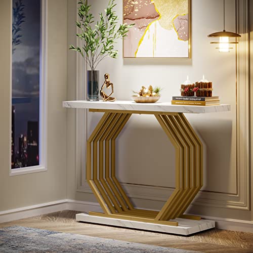 Tribesigns Gold Console Table, Faux Marble Entryway Table Narrow Sofa Table with Geometric Metal Base, 40 Inch Modern Accent Table Entrance Table for Living Room, Hallway, Foyer, White and Gold