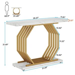 Tribesigns Gold Console Table, Faux Marble Entryway Table Narrow Sofa Table with Geometric Metal Base, 40 Inch Modern Accent Table Entrance Table for Living Room, Hallway, Foyer, White and Gold