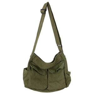 klaoyer canvas messenger bag large hobo bag school crossbody shoulder bag tote bag with pocket for women and men (green)