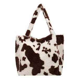 winter plush cows leopard print tote bag fluffy large shoulder handbag furry beach bag soft warm (brown)