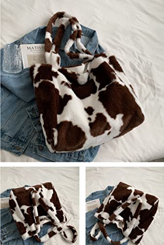 Winter Plush Cows Leopard Print Tote Bag Fluffy Large Shoulder Handbag Furry Beach Bag Soft Warm (brown)