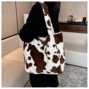 Winter Plush Cows Leopard Print Tote Bag Fluffy Large Shoulder Handbag Furry Beach Bag Soft Warm (brown)