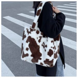 Winter Plush Cows Leopard Print Tote Bag Fluffy Large Shoulder Handbag Furry Beach Bag Soft Warm (brown)