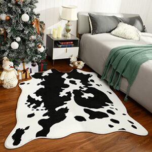 espiraio cow print rug, cute area rug for living room bedroom nursery room, super soft non-slip faux animal print carpet for kids, suitable for western room decor, black and white, 4.6×5.2 feet
