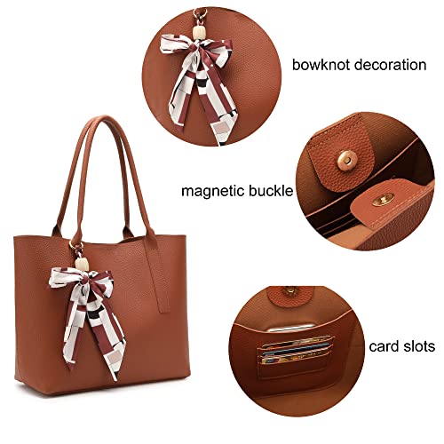 Soft Pebbled Faux Leather Tote Shoulder Bag with Bowknot Large Capacity Satchel Handbag Purse