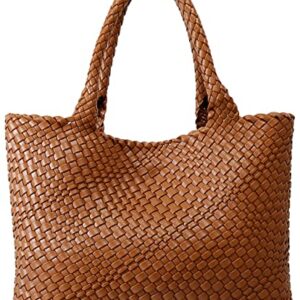 Woven Bag for Women, Fashion Top Handle Shoulder Bag Vegan Leather Shopper Bag Large Travel Tote Bag (Brown)