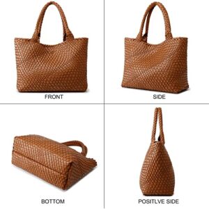 Woven Bag for Women, Fashion Top Handle Shoulder Bag Vegan Leather Shopper Bag Large Travel Tote Bag (Brown)