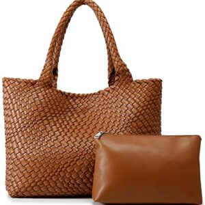 Woven Bag for Women, Fashion Top Handle Shoulder Bag Vegan Leather Shopper Bag Large Travel Tote Bag (Brown)