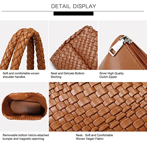 Woven Bag for Women, Fashion Top Handle Shoulder Bag Vegan Leather Shopper Bag Large Travel Tote Bag (Brown)