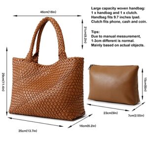 Woven Bag for Women, Fashion Top Handle Shoulder Bag Vegan Leather Shopper Bag Large Travel Tote Bag (Brown)