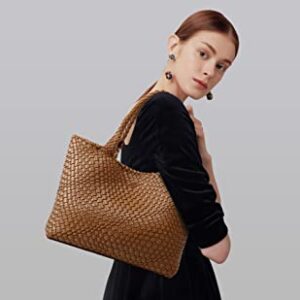 Woven Bag for Women, Fashion Top Handle Shoulder Bag Vegan Leather Shopper Bag Large Travel Tote Bag (Brown)